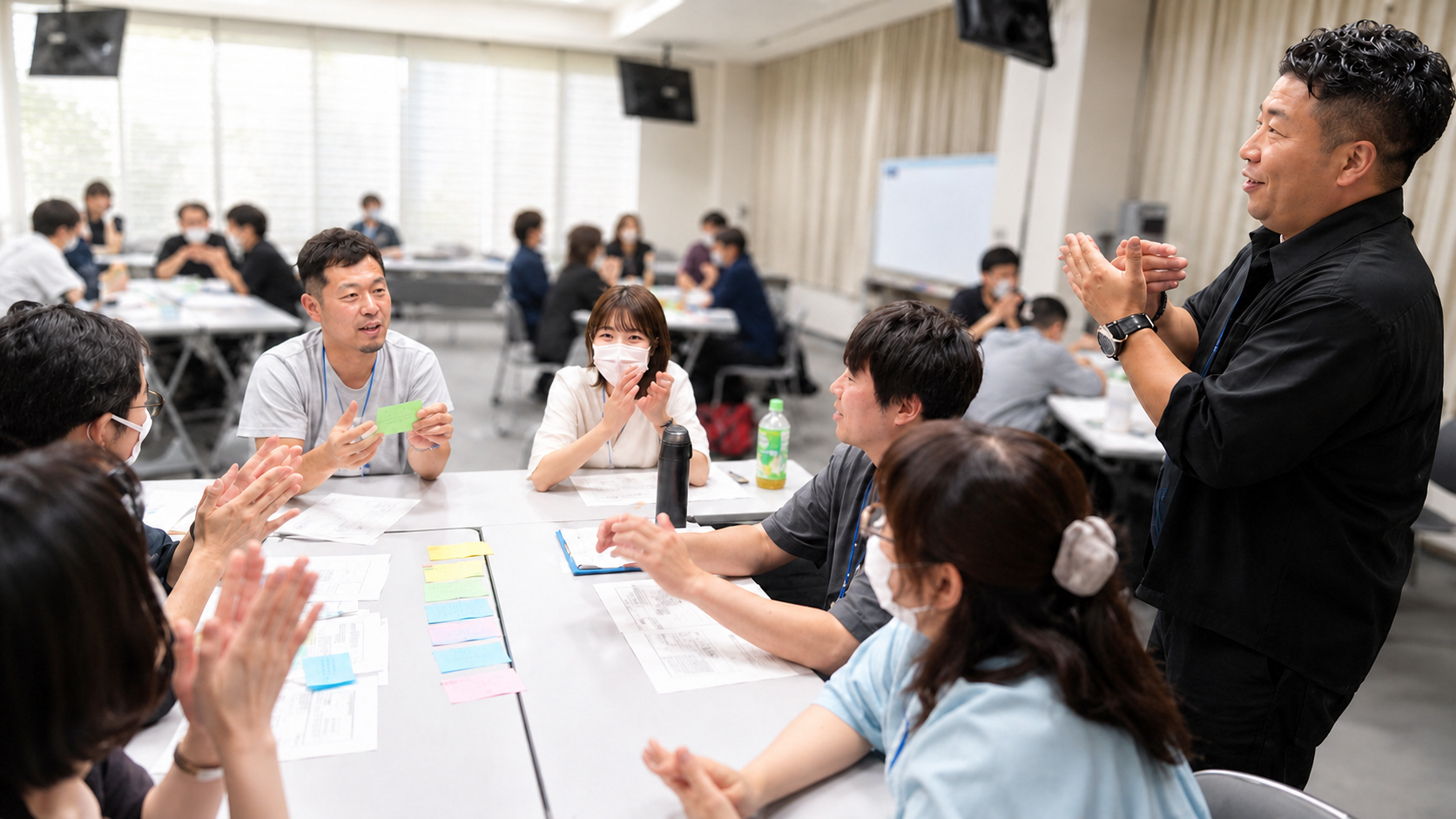 明るい研修会場で対話する専門職の様子